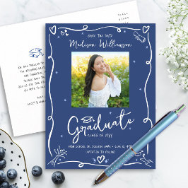 Blue White Doodles Graduation Save the Date Photo Inbjudan Vykort