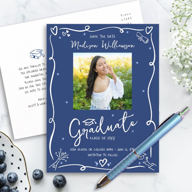 Blue White Doodles Graduation Save the Date Photo Inbjudan Vykort (Skapare uppladdad)
