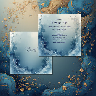 blue white Dreamy coastal marble ink wedding Inbjudningar