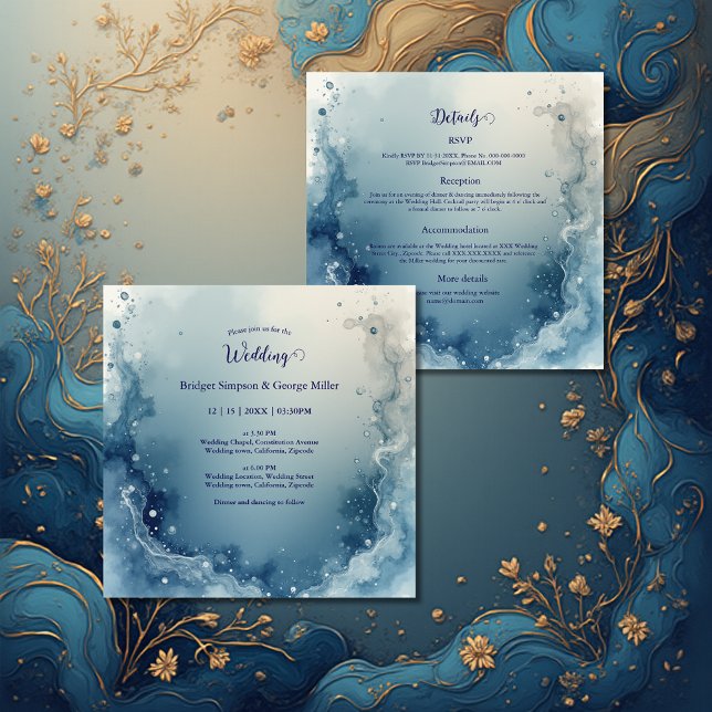 blue white Dreamy coastal marble ink wedding Inbjudningar (Skapare uppladdad)