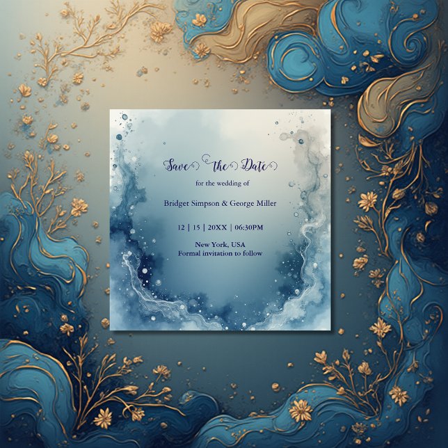 blue white Dreamy coastal marble ink wedding Spara Datumet (Skapare uppladdad)