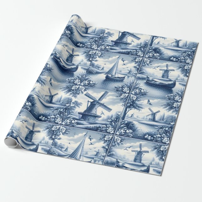 Blue & White Dutch Landscape Pattern • Tile-Inspir Presentpapper (Utrullad)