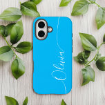 Blue White Elegant Calligraphy Script Name<br><div class="desc">Blue White Elegant Calligraphy Script Custom Personalized Name iPhone 14 Smart Phone Cases features a modern and trendy simple and stylish design with your personalized name in elegant hand written calligraphy script typography on a blue background. Designed by ©Evco Studio www.zazzle.com/store/evcostudio</div>