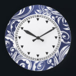 Blue white elegant florals stor klocka<br><div class="desc">Chic, classy and stylish vector flower leaves and tendrils form a border around a white and black inlay on which there are triangles and minutes to tell the time. IDEAL FOR - Your sister, daughter, girlfriend, niece, granddaughter, wife or family friend on a special occasion. GIFT IT - For a...</div>