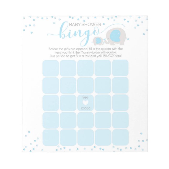 Blue White Elephant Boy Baby Shower Bingo Anteckni Anteckningsblock (Framsida)