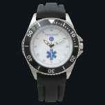 Blue|White EMT Anpassningsbar Monogram Watch Armbandsur<br><div class="desc">En monogramblå och vit klocka med en medicinsk EMT-symbol och en plats för din presentmottagares namn och det första monogrammet för efternamn. En underbar gåva till alla som är EMT/SJUKVÅRDARE eller till och med brandmän eller frivilliga, eller stolta medlemmar av läkarkåren. Den här klockan innehåller ett vitt ansikte tillsammans med...</div>