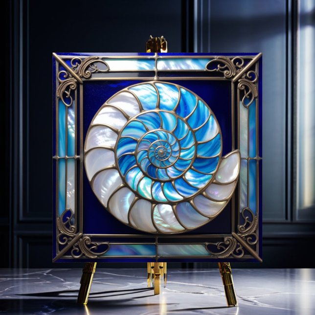 Blue/White Faux Stained-Glass Nautilus Shell 2 Kakelplatta (Skapare uppladdad)