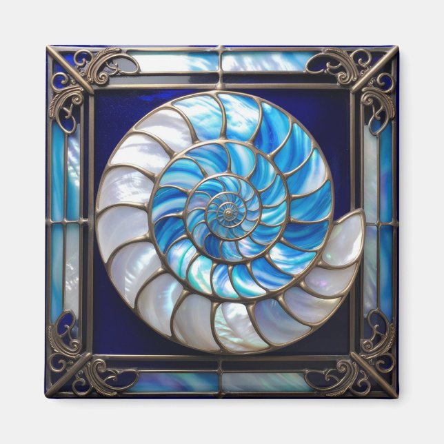 Blue/White Faux Stained-Glass Nautilus Shell 2 Magnet (Framsidan)