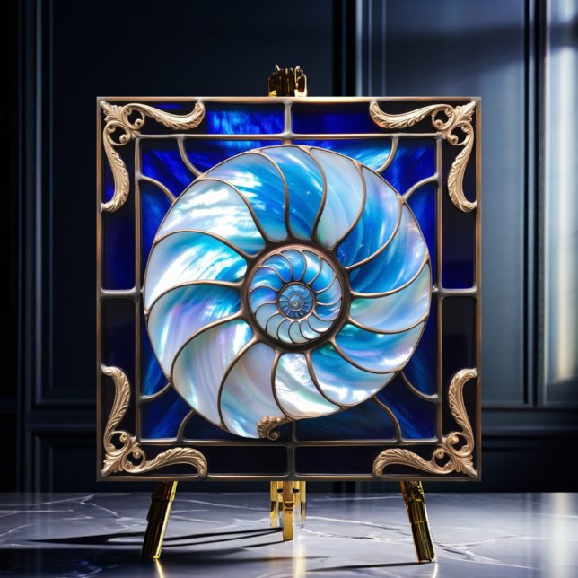 Blue/White Faux Stained-Glass Nautilus Shell 3 Kakelplatta (Skapare uppladdad)