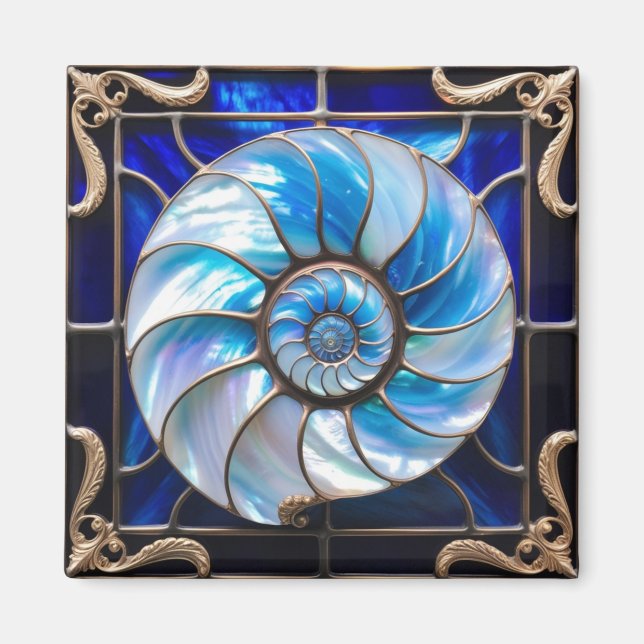 Blue/White Faux Stained-Glass Nautilus Shell 3 Magnet (Framsidan)