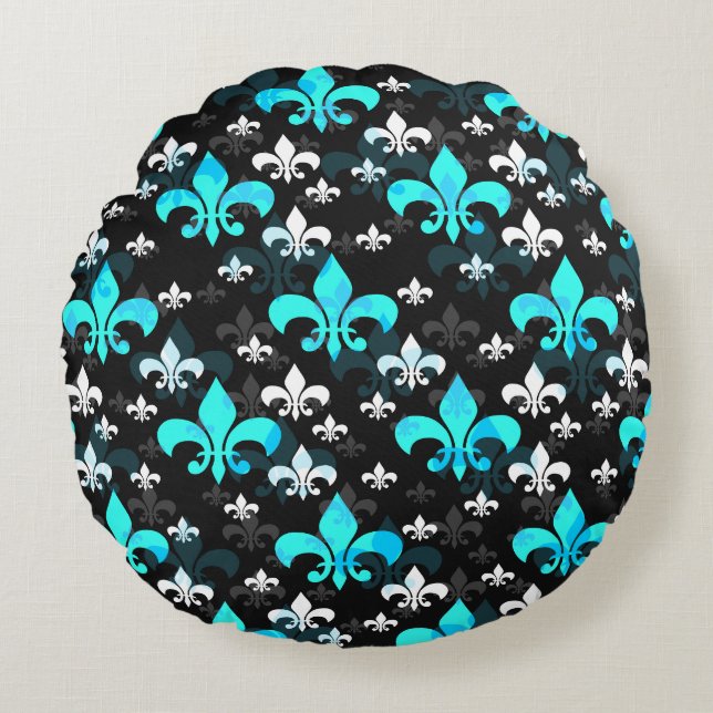Blue White Fleur De Lis Rund Kudde (Framsidan)