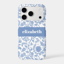 Blue White Floral Botanical Pattern Custom Name