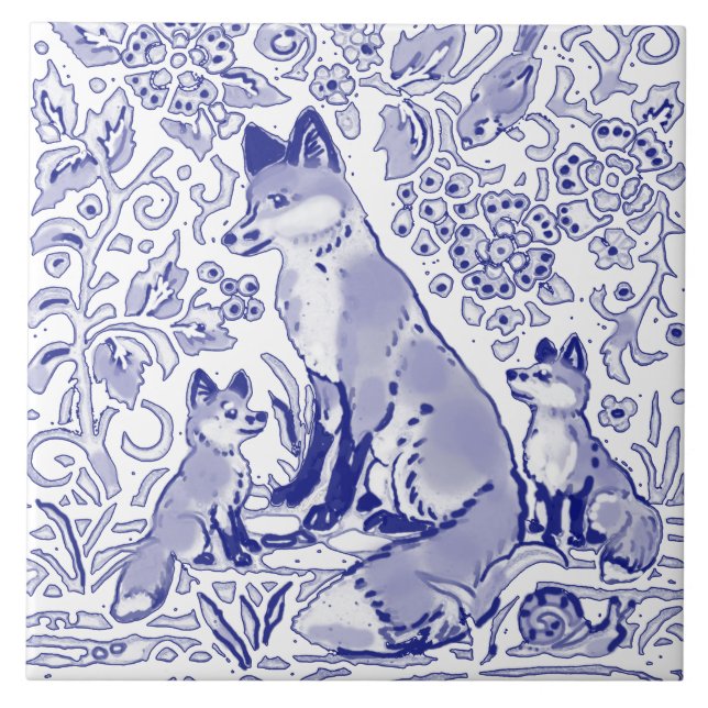 Blue White Fox Family Animal Art Farmhouse Land Kakelplatta (Framsidan)