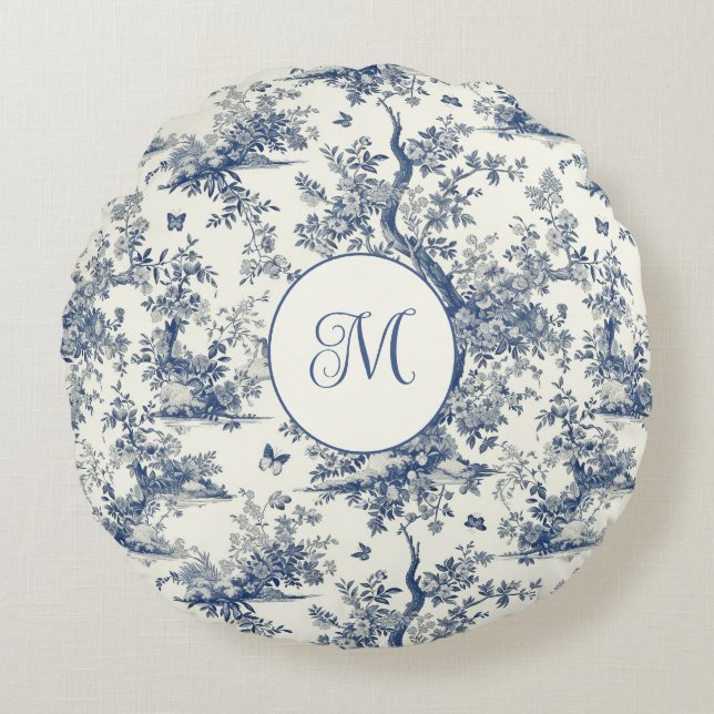 Blue White Garden Butterfly Fransk Toile Rund Kudde (Framsidan)