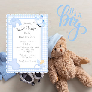 Blue White Gingham Boy Baby Shower-inbjudan Inbjudningar