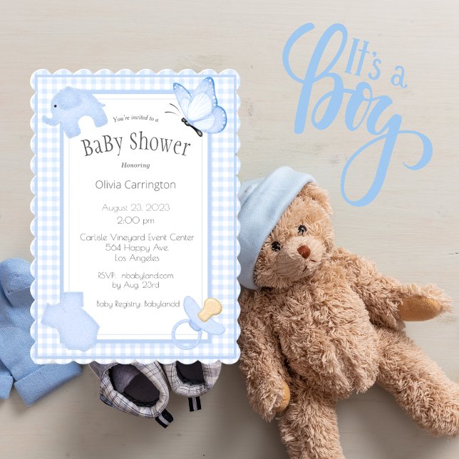 Blue White Gingham Boy Baby Shower-inbjudan Inbjudningar (Skapare uppladdad)