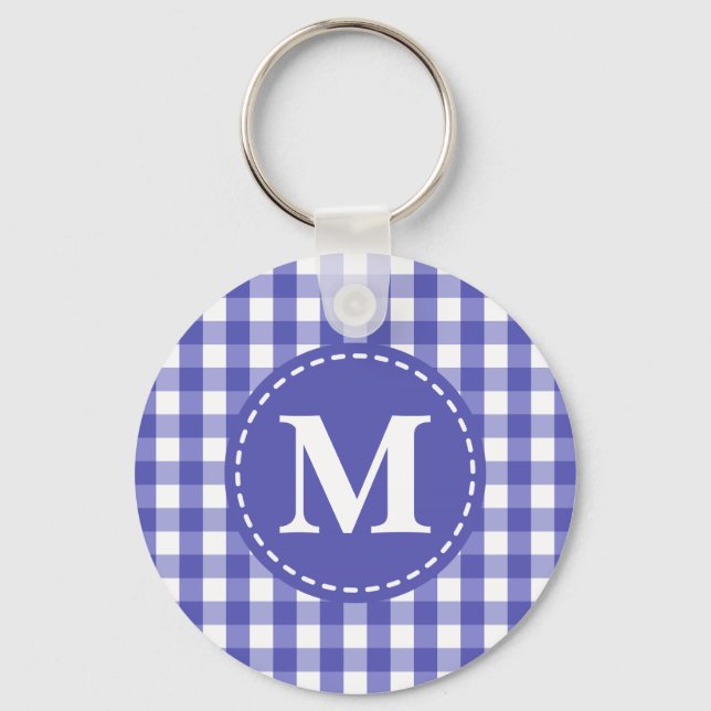 Blue White Gingham Check Mönster Monogram Nyckelring (Framsida)