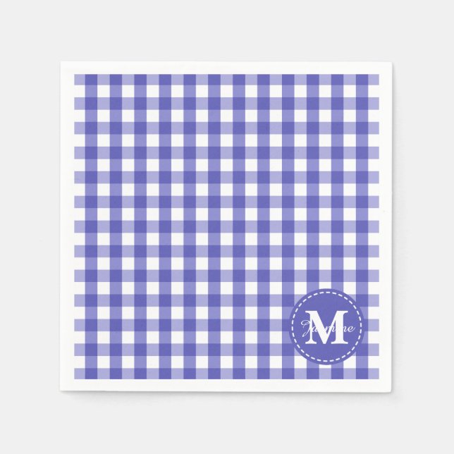Blue White Gingham Check Mönster Monogram Pappersservett (Framsidan)