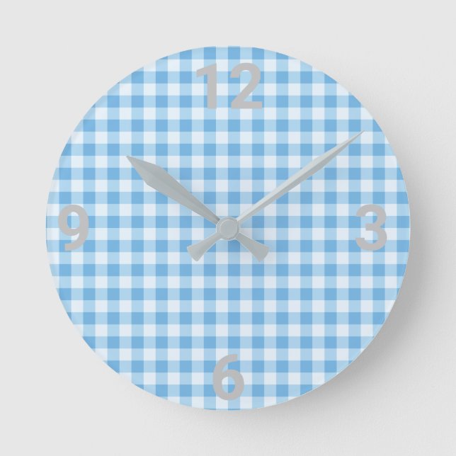 Blue White Gingham Modern Wall Clock Rund Klocka (Framsida)