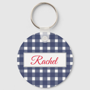 Blue White Gingham Personlig Nyckelring