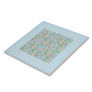 Blue White Gingham, Rosa Apple Blommar på Blue Whi Kakelplatta