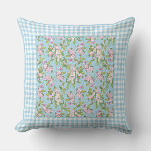 Blue White Gingham, Rosa Apple Blommar på Blue Whi Kudde