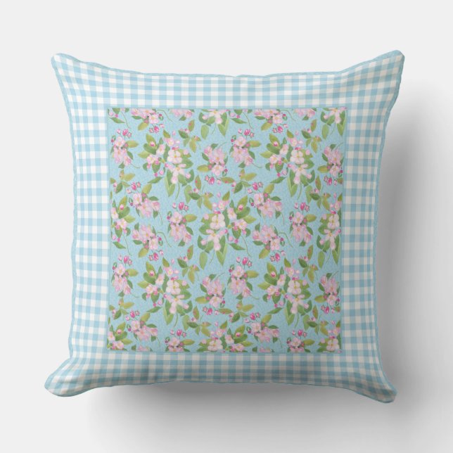 Blue White Gingham, Rosa Apple Blommar på Blue Whi Kudde (Framsida)