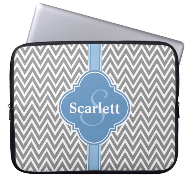Blue White Grått Chevron Mönster och Monogram Laptop Sleeve (Framsidan)
