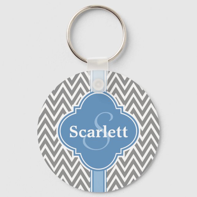 Blue White Grått Chevron Mönster och Monogram Nyckelring (Framsida)