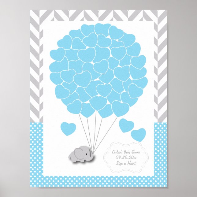 Blue, White Grått Elephant Baby Shower 2 - gäst Poster (Framsidan)