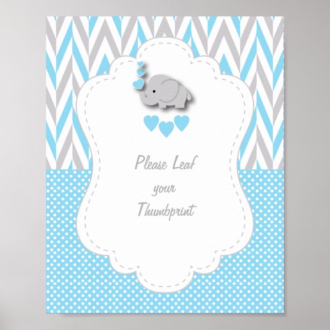 Blue, White Grått Elephant Baby Shower 4 Poster (Framsidan)