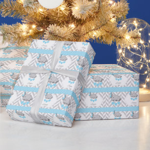 Blue, White Grått Elephant 👶 Baby Shower Presentpapper