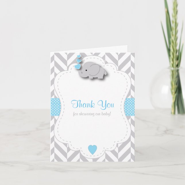 Blue, White Grått Elephant 🐘 Baby Shower Tack Kort (Framsida)