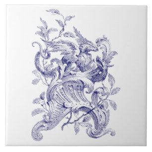 Blue & White Griffin on Rocaille Baroque Rococo Kakelplatta