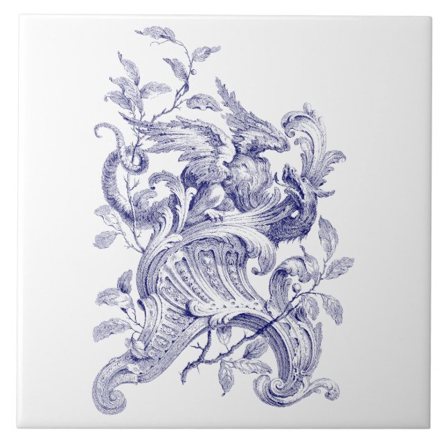 Blue & White Griffin on Rocaille Baroque Rococo Kakelplatta (Framsidan)