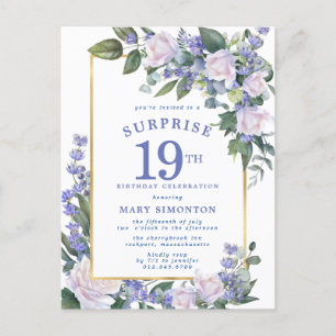 Blue White Guld Blommigt 19th Surprise Birthday Inbjudan Vykort