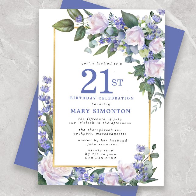 Blue White Guld Blommigt 21:a födelsedagen Inbjudningar (Skapare uppladdad)