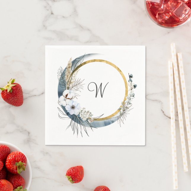Blue White Guld Blommigt Monogram Boho Bröllop Pappersservett (Insitu)