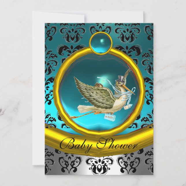 BLUE WHITE GULD DAMASK STORK BABY SHOWER MONOGRAM INBJUDNINGAR (Framsida)