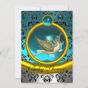 BLUE WHITE GULD DAMASK STORK BABY SHOWER MONOGRAM INBJUDNINGAR