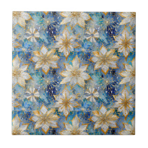 Blue White Guld jul Poinsettias Kakelplatta