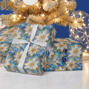 Blue White Guld jul Poinsettias Presentpapper