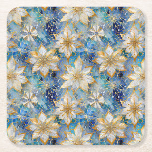 Blue White Guld jul Poinsettias Underlägg Papper Kvadrat