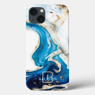 Blue White Guld Marble Abstrakt Art Monogram