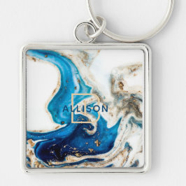 Blue White Guld Marble Abstrakt Art Monogram Fyrkantig Silverfärgad Nyckelring