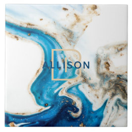 Blue White Guld Marble Abstrakt Art Monogram Kakelplatta