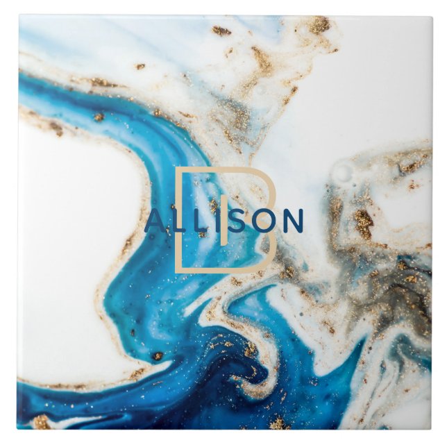 Blue White Guld Marble Abstrakt Art Monogram Kakelplatta (Framsidan)