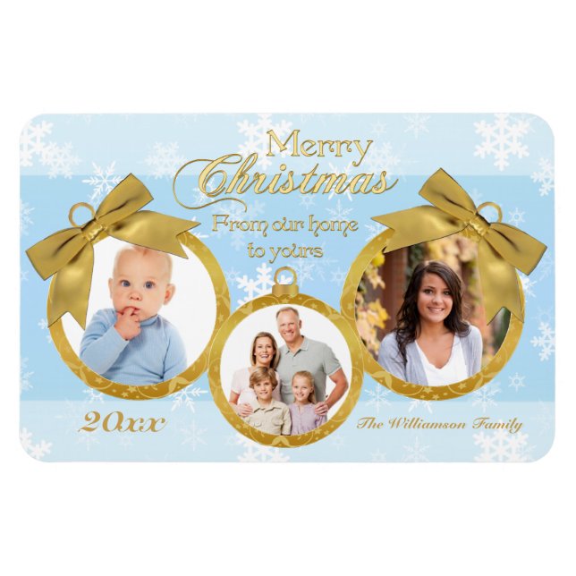Blue White Guld Ornaments jul Photo Magnet (Horisontell)