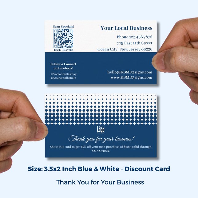 Blue & White Half Tone Pattern Thank You and Rabattkort (Blue & White Half Tone Pattern Thank You and Discount Card; Size: 3.5x2 Inch, Logo, QR code)