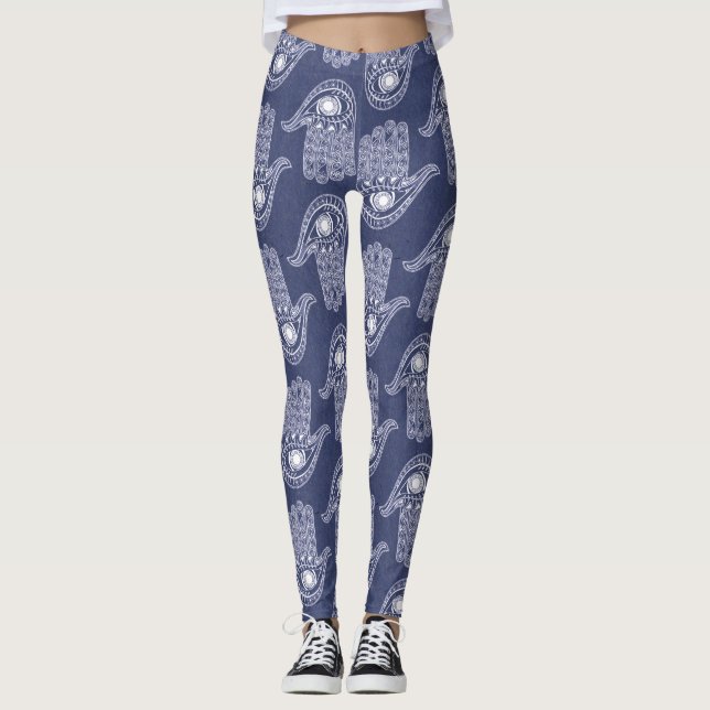Blue & White Hamsa Hand Mönster / Evil Öga Defence Leggings (Framsida)